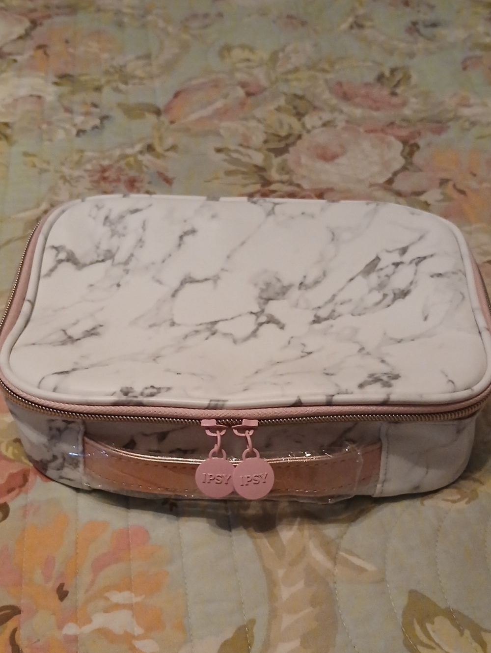 ipsy Marble Print Travel Cosmetic Case with Pink Trim NWT
